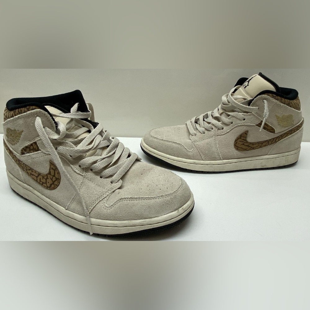 Nike Air Jordan 1 Mid Brown Elephant Swoosh Beige Suede Shoes In Size 9 Men